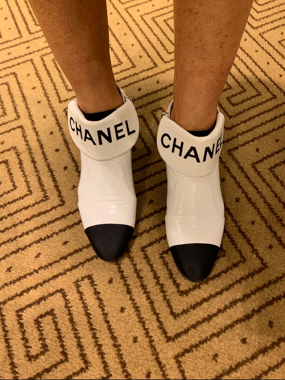 CHANEL Logo Ankle Boots Lambskin Leather CC Cap Toe Ivory Black 37.5